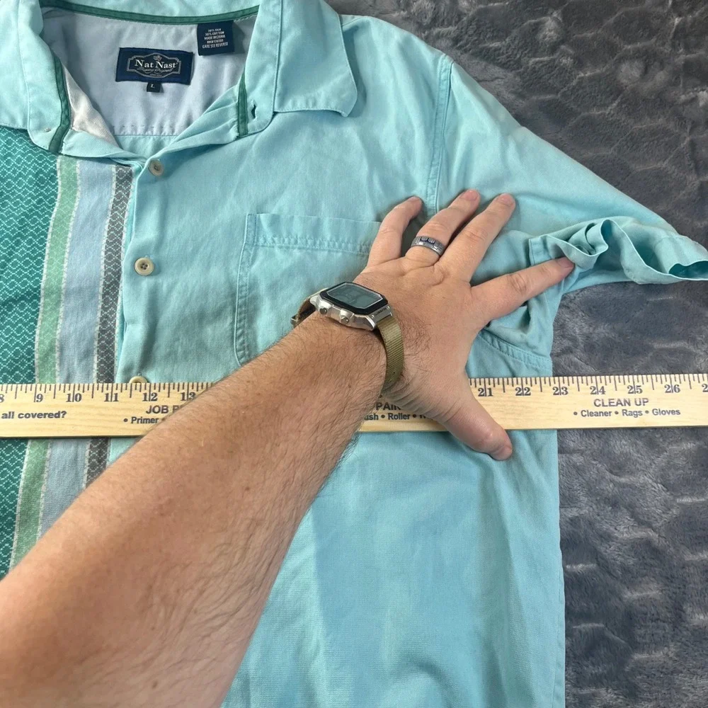 Nat Nast Button Down Shirt Mens L Seafoam Green Silk Cotton Panel Bowling Short